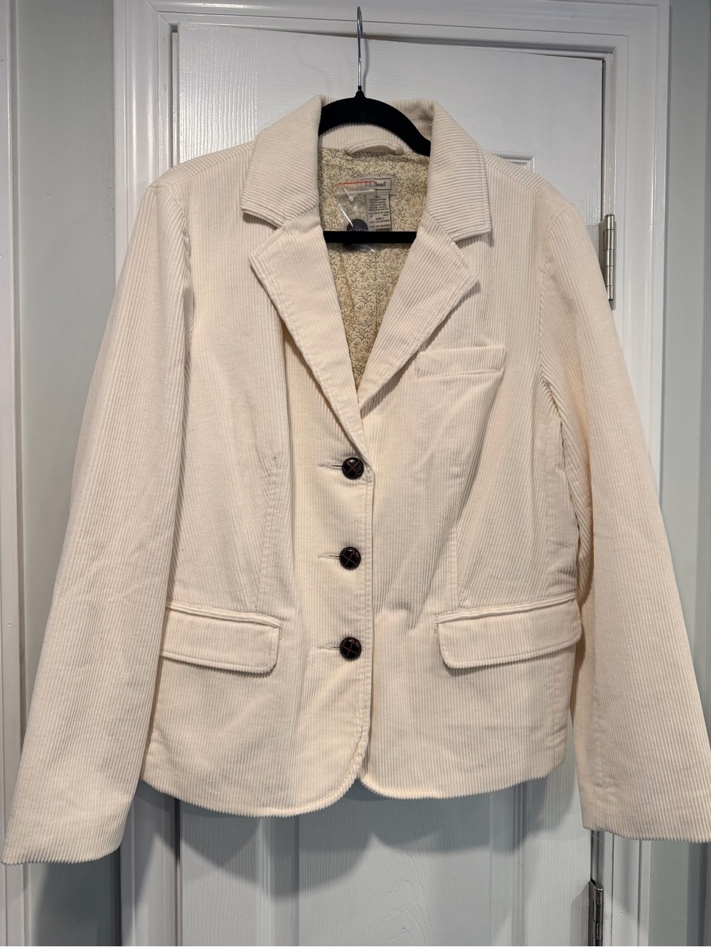 NWT L.L.Bean Size 16 Cream Corduroy Blazer Jacket Cotton Floral Lined Button